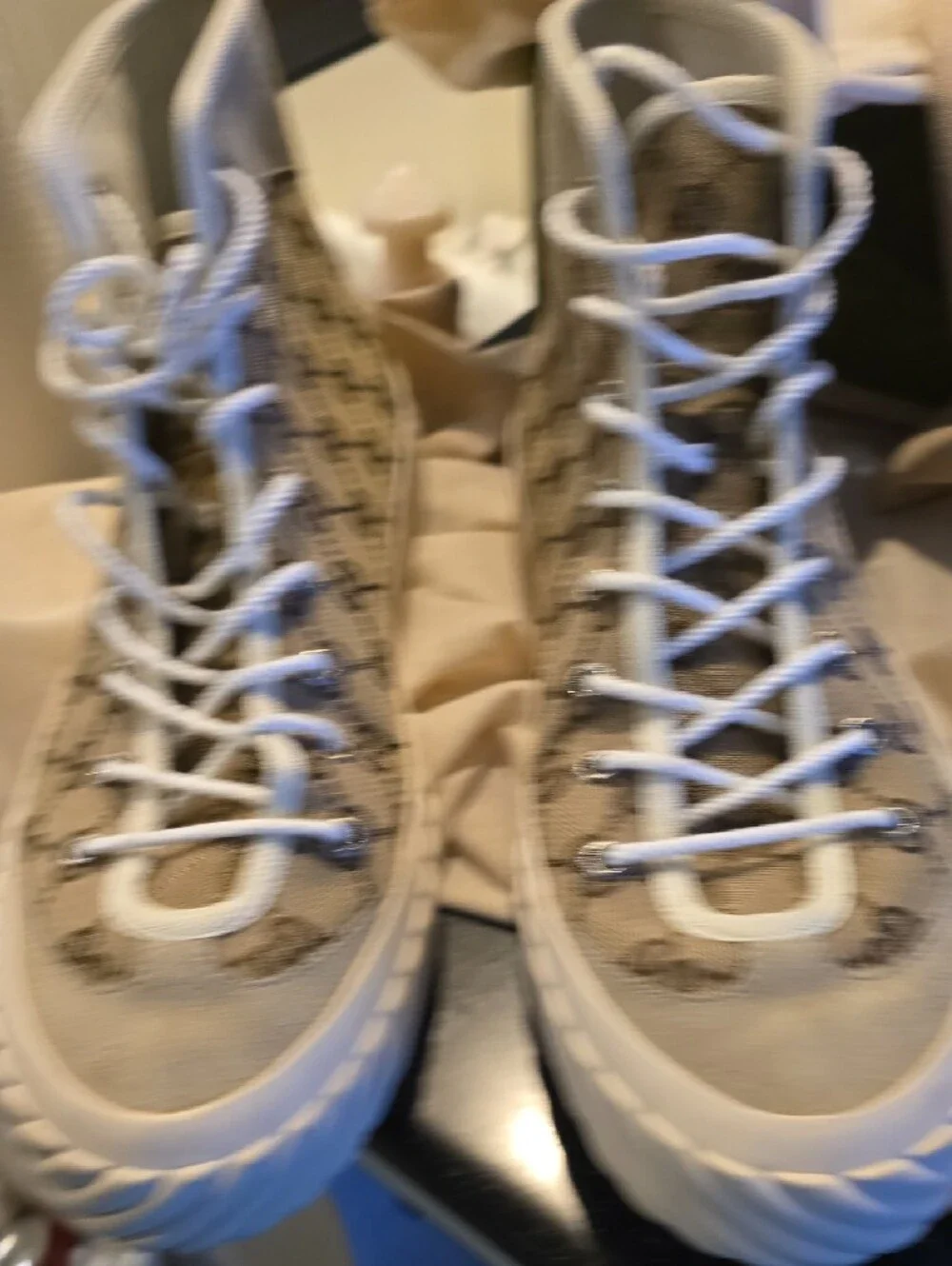 Gucci Beige GG Canvas High-Top Sneakers with White Laces